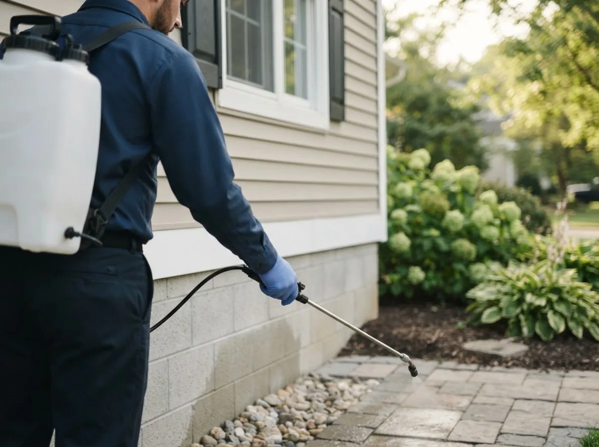 Pest control technician inspecting a home in Loganville, WI